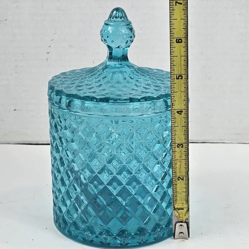 Vtg Style Teal Blue Diamond Cut Lidded Glass Vanity Jar w Tassel 6.5x4